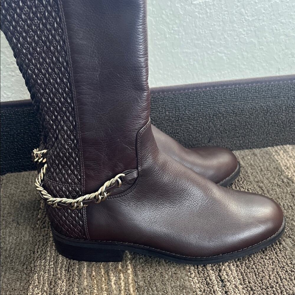Cole Haan Idina Brown Stretch Leather Riding Boots with Chain Detail - Picture 6 of 11